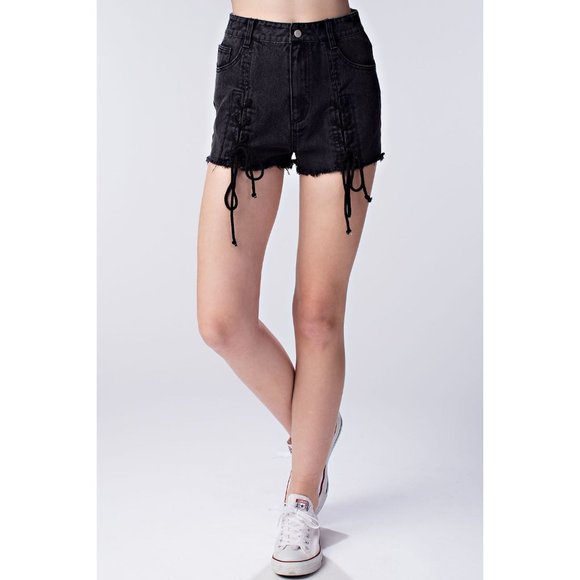 Honey Punch Pants - Honey Punch Lace Up Frayed Denim Shorts
